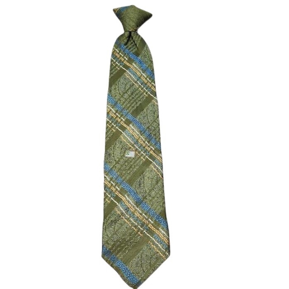Vintage tie SNAPPER Snap on Clip on Classic Olive Green Blue Gold Polyester 70s